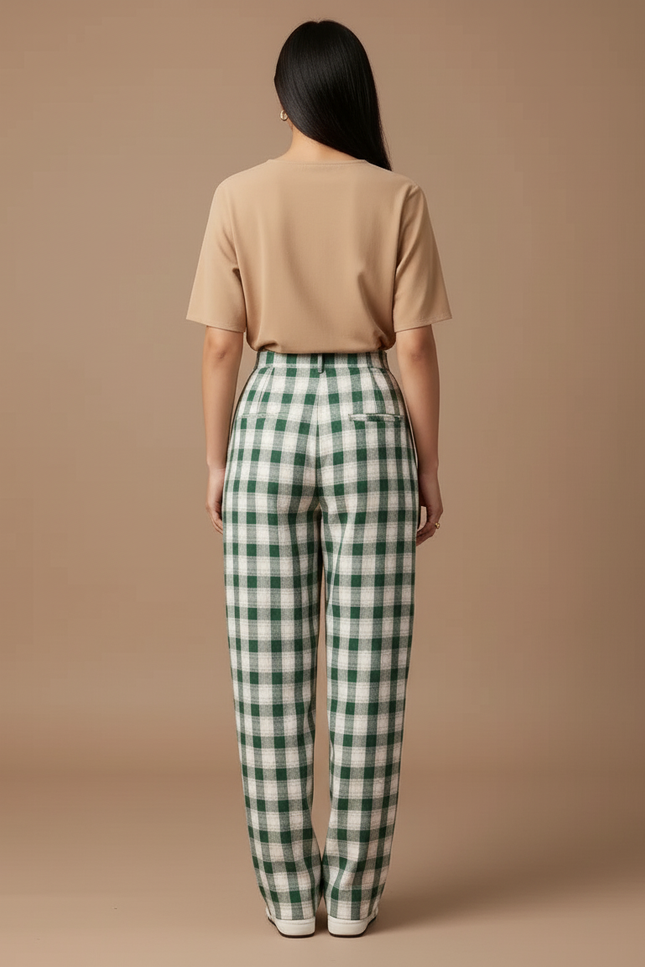 Pantalon Baggy Vert Écru Plaid Ample Décontracté Femme - Laine - vue 2