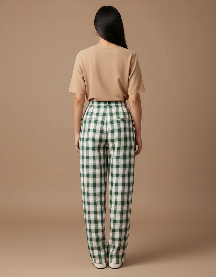 Pantalon Baggy Vert Écru Plaid Ample Décontracté Femme - Laine - vue 2