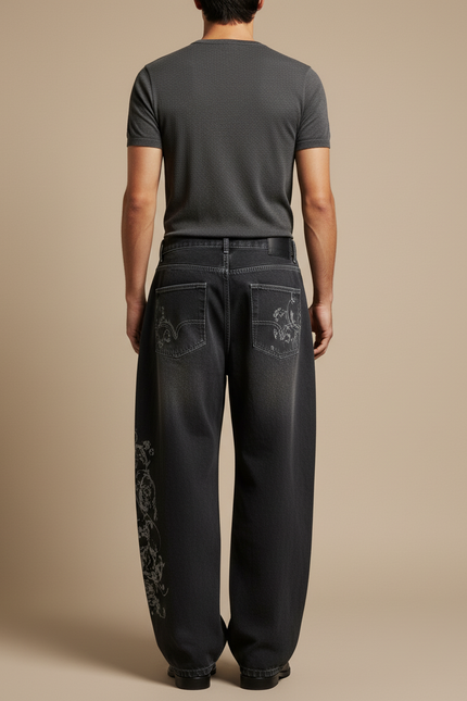 Pantalon Baggy Denim Noir Imprimé Ample Streetwear - Jean - vue 2