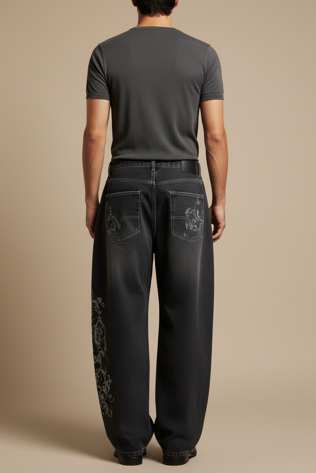 Pantalon Baggy Denim Noir Imprimé Ample Streetwear - Jean - vue 2