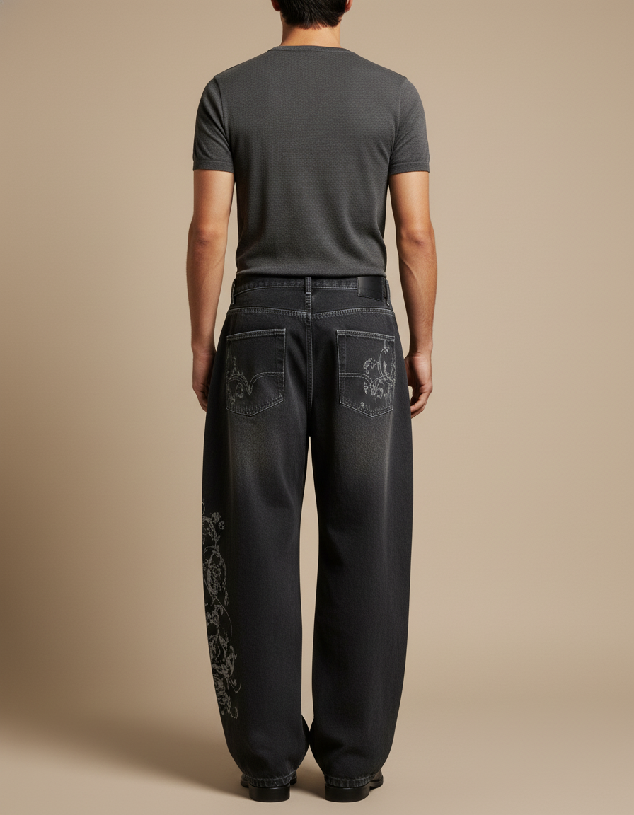 Pantalon Baggy Denim Noir Imprimé Ample Streetwear - Jean - vue 2