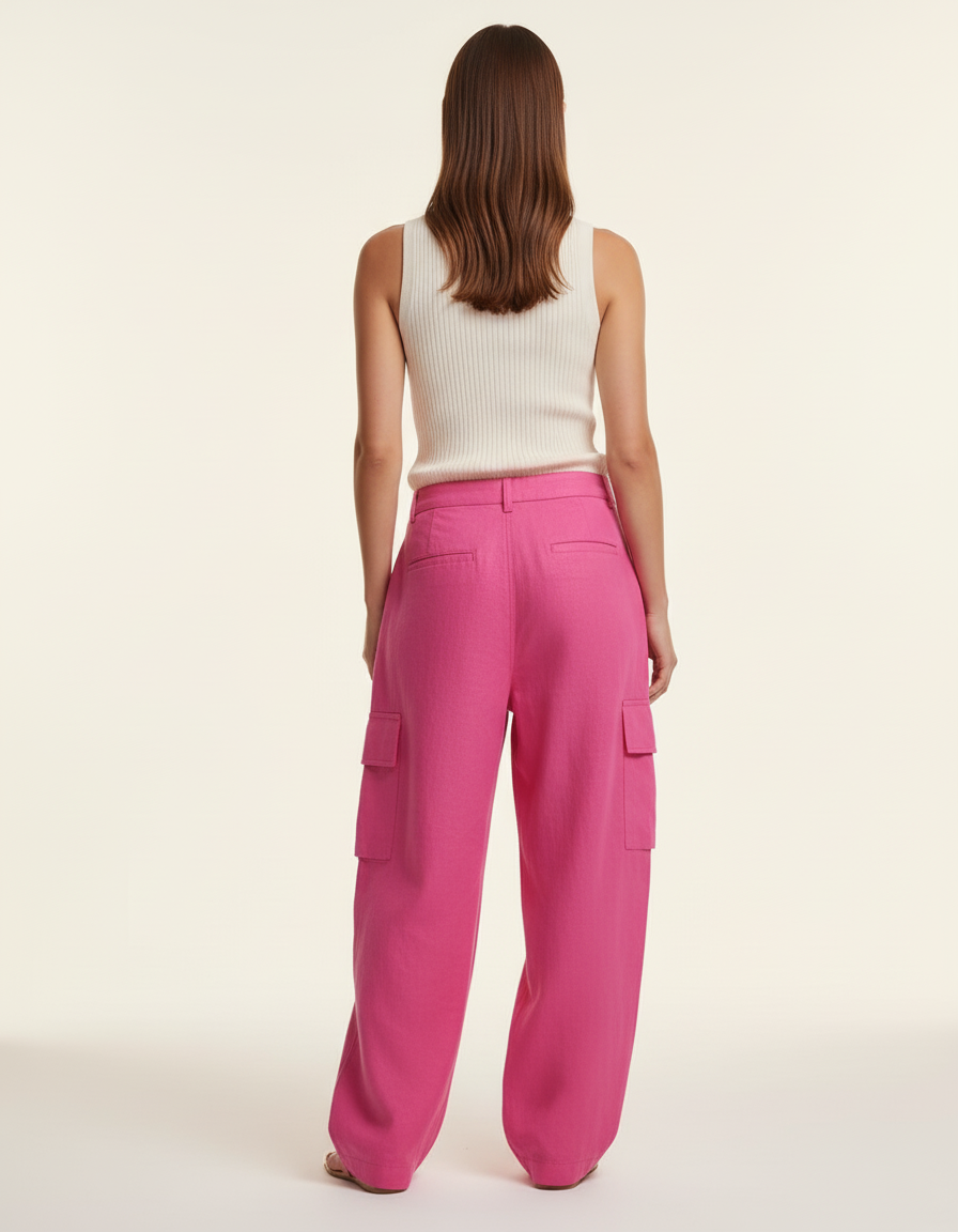 Pantalon Baggy Rose Cargo Ample Lin Femme - vue 2