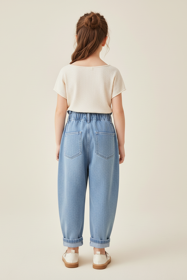 Pantalon Baggy Jean Bleu Brodé Taille Haute Fille - vue 2