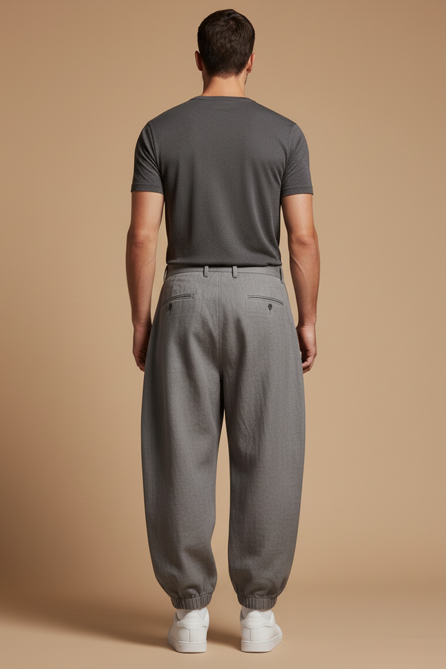 Pantalon Baggy Gris Plissé Ample Chevilles Élastiques Décontracté Homme - Gabardine - vue 2