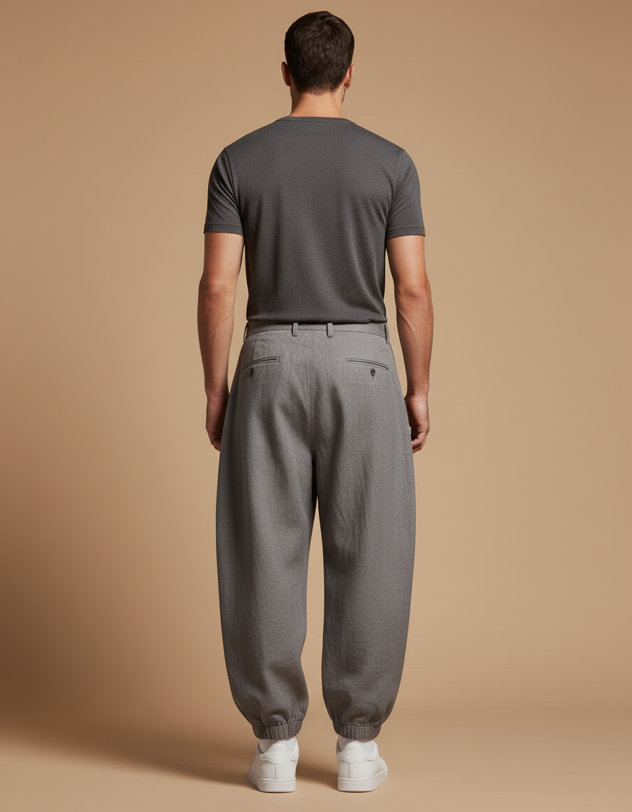 Pantalon Baggy Gris Plissé Ample Chevilles Élastiques Décontracté Homme - Gabardine - vue 2