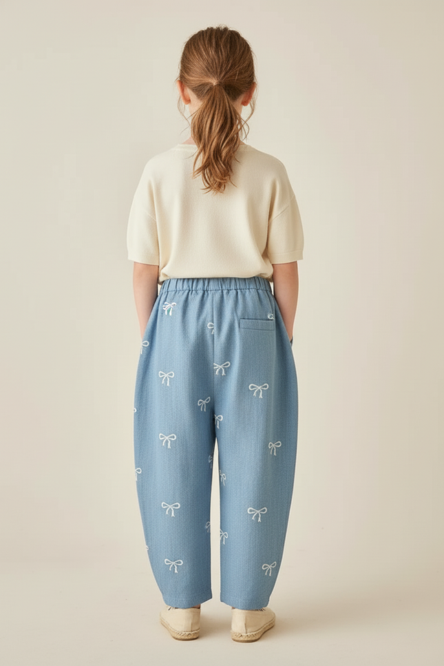 Pantalon Baggy Denim Bleu Nœuds Brodés Ample Enfant - Jean - vue 2