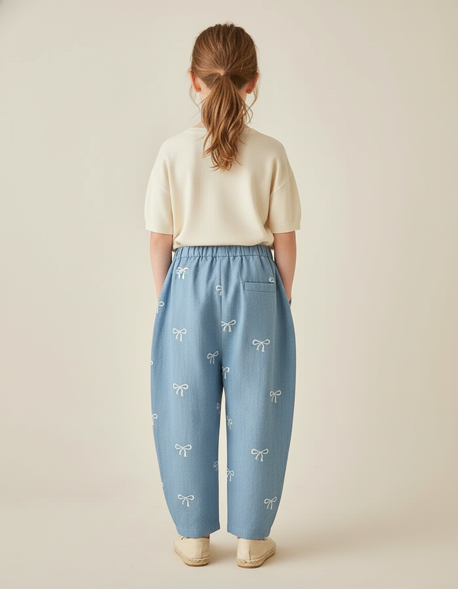 Pantalon Baggy Denim Bleu Nœuds Brodés Ample Enfant - Jean - vue 2