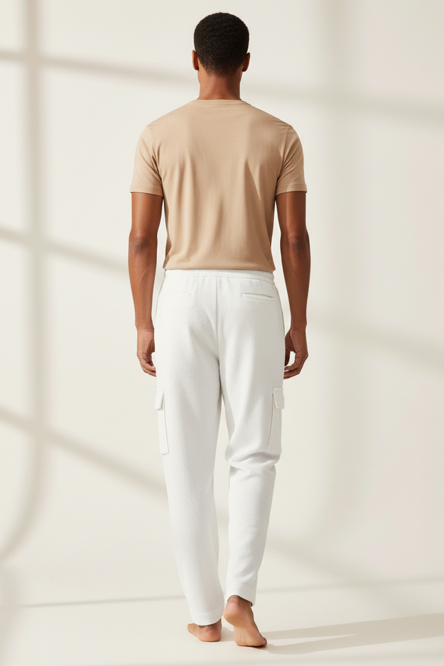 Pantalon Baggy Blanc Côtelé Cordon Décontracté Cargo Homme - Cordé - vue 2
