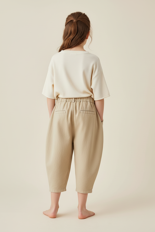 Pantalon Baggy Beige Coton Ample Brodé Décontracté Enfant - vue 2