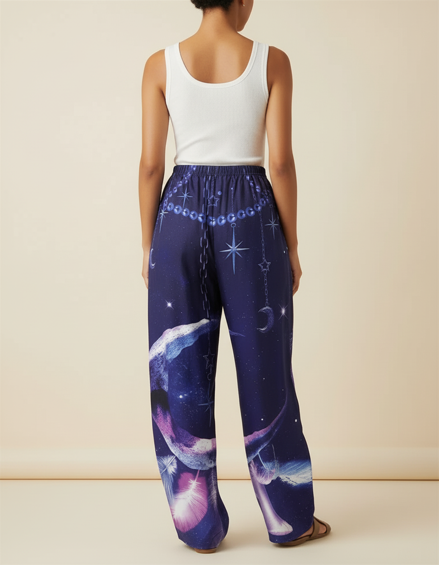 Pantalon Baggy Bleu Nuit Imprimé Galaxie Ample Fluide - Marine Viscose - vue 2