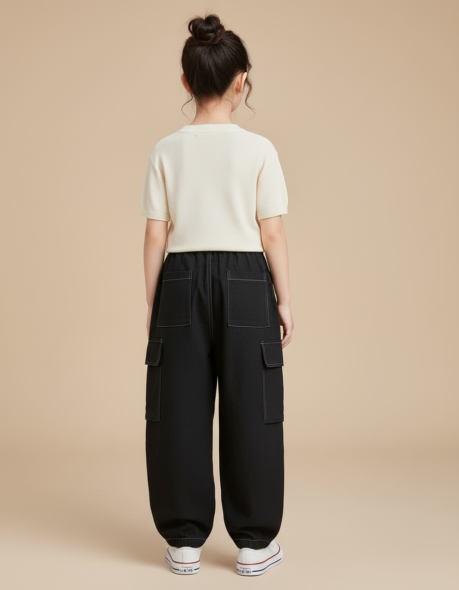 Pantalon Baggy Noir Cargo Ample Décontracté Fille - Coton - vue 2