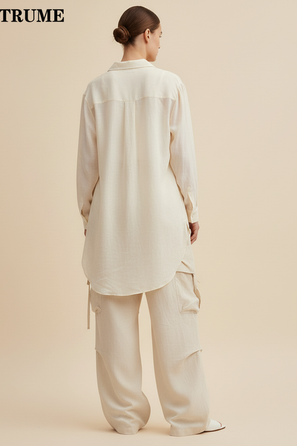 Pantalon Baggy Beige Lin Cargo Ample Décontracté - vue 2