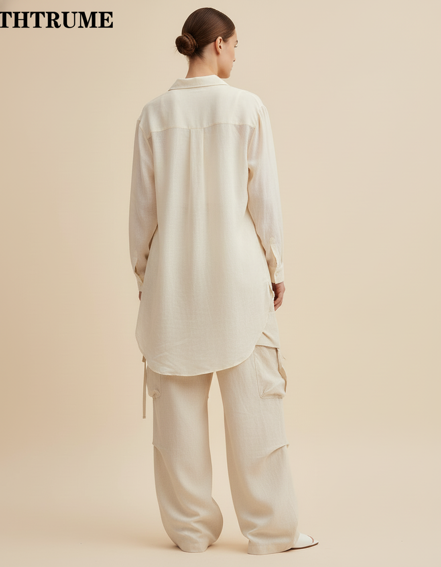 Pantalon Baggy Beige Lin Cargo Ample Décontracté - vue 2