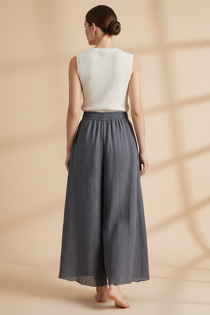 Pantalon Baggy Gris Ample Lin Fluide Femme - vue 2