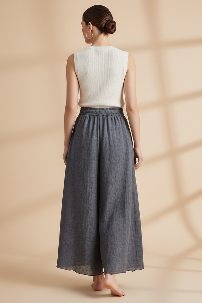 Pantalon Baggy Gris Ample Lin Fluide Femme - vue 2