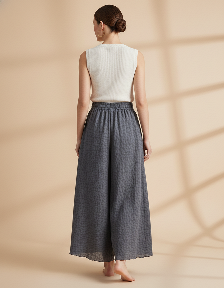 Pantalon Baggy Gris Ample Lin Fluide Femme - vue 2