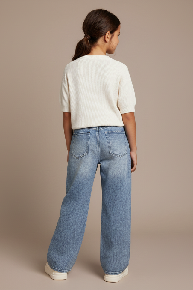 Pantalon Baggy Jean Bleu Délavé Imprimé Lapin Fille - vue 2