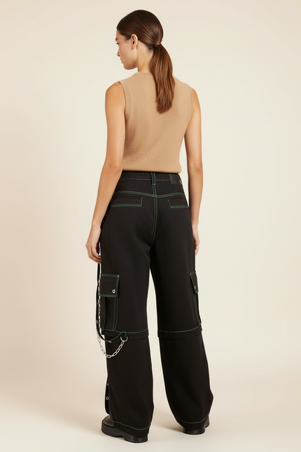 Pantalon Baggy Noir Vert Chaînes Denim Cargo Femme - Jean - vue 2