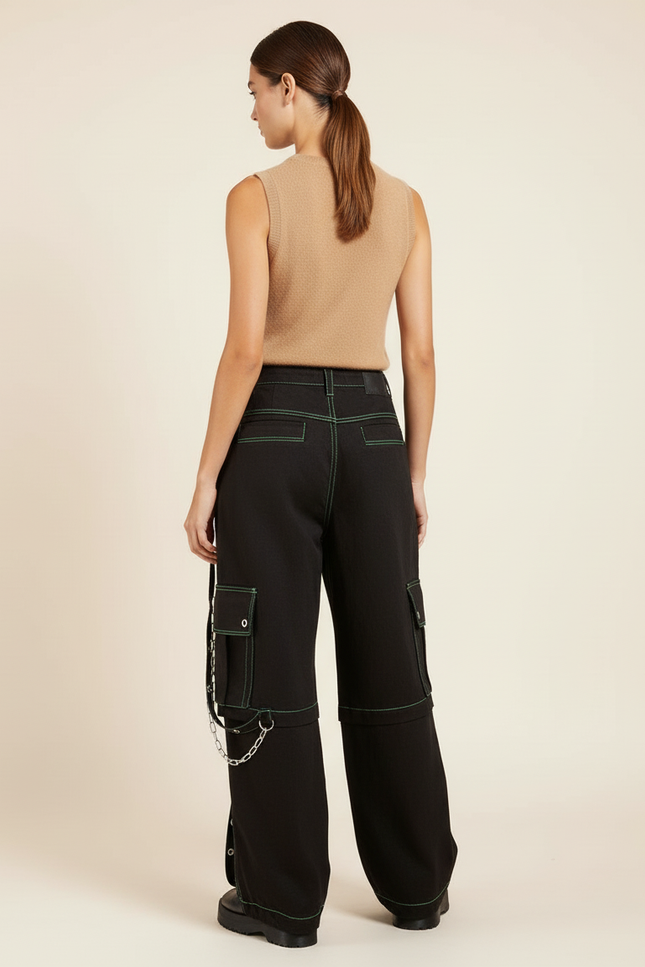 Pantalon Baggy Noir Vert Chaînes Denim Cargo Femme - Jean - vue 2