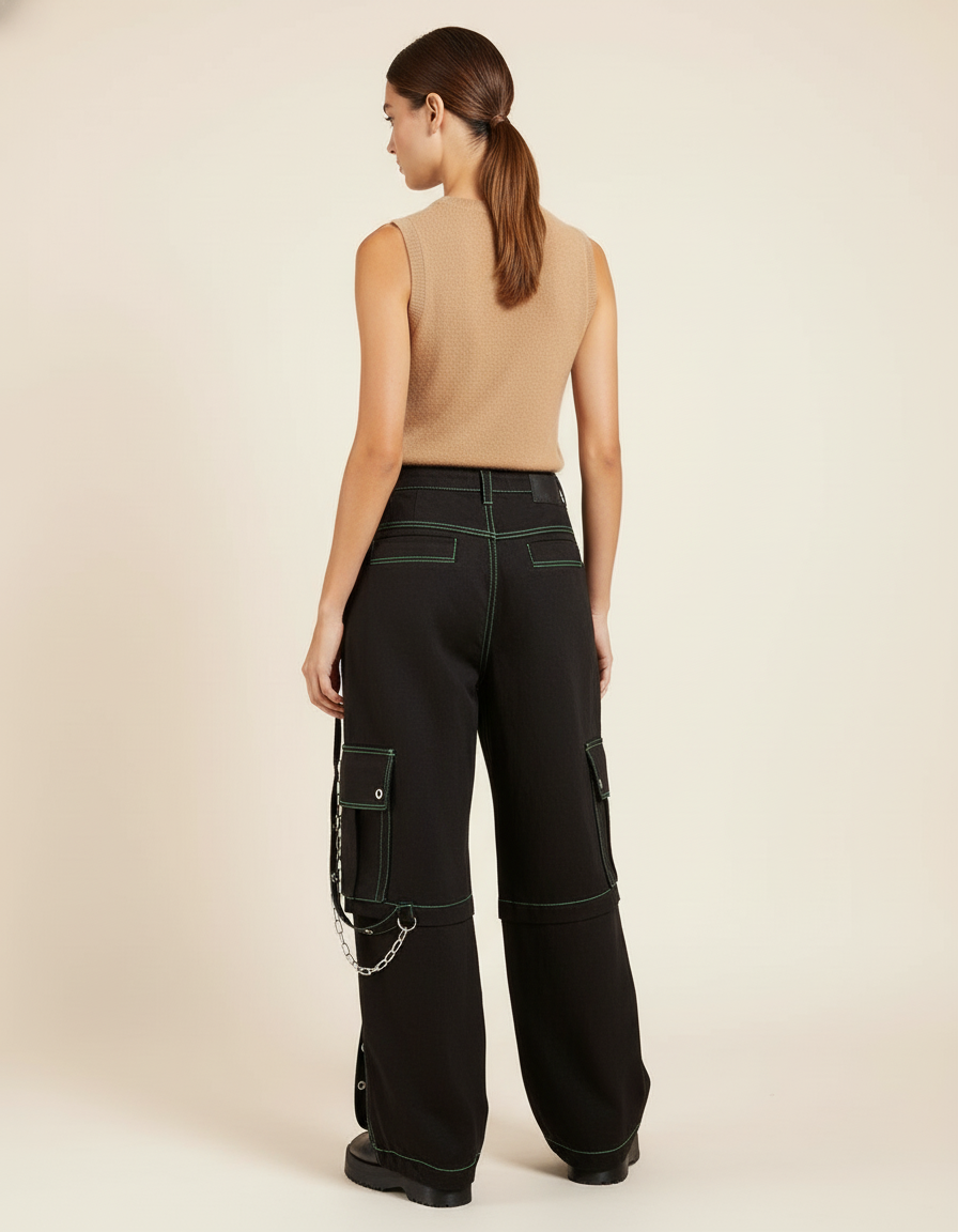 Pantalon Baggy Noir Vert Chaînes Denim Cargo Femme - Jean - vue 2