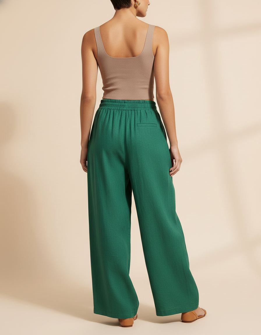 Pantalon Baggy Vert Émeraude Fluide Ample Lin Femme - vue 2