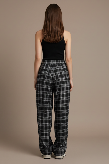 Pantalon Baggy Plaid Noir Blanc Ample Femme - Imprimé Laine - vue 2