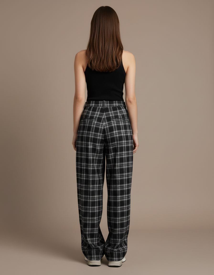 Pantalon Baggy Plaid Noir Blanc Ample Femme - Imprimé Laine - vue 2