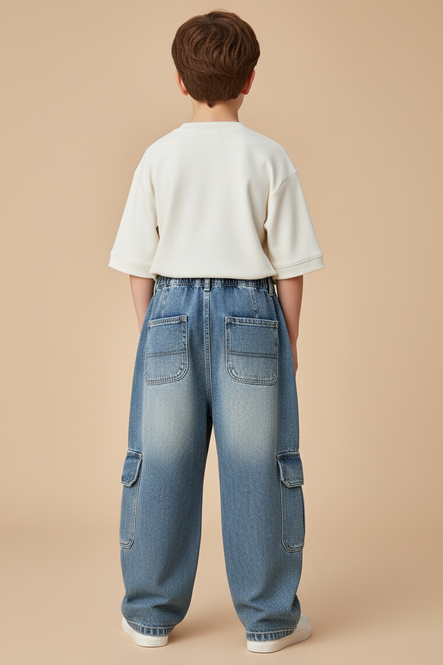 Pantalon Baggy Jean Bleu Délavé Cargo Ample Enfant - vue 2