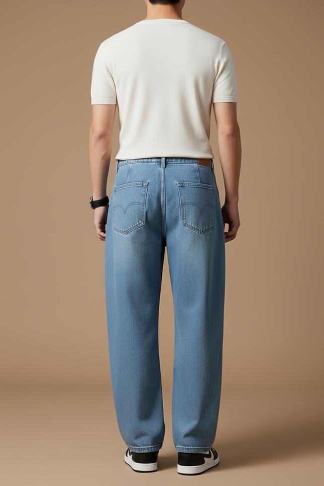 Pantalon Baggy Bleu Jean Ample Plissé Confortable Homme - vue 2
