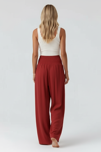 Pantalon Baggy Rouge Brique Ample Smocké Fluide - Viscose - vue 2