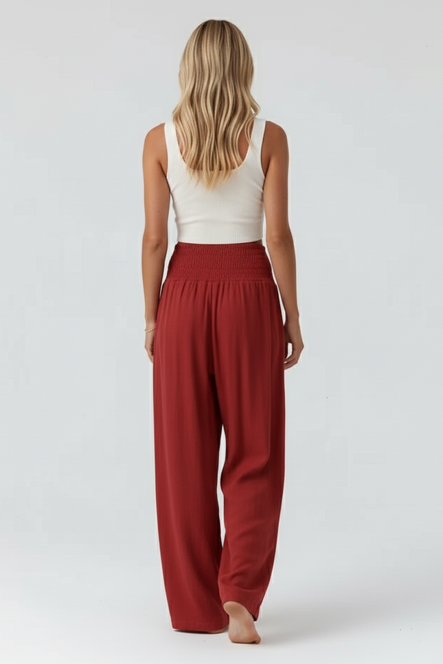 Pantalon Baggy Rouge Brique Ample Smocké Fluide - Viscose - vue 2