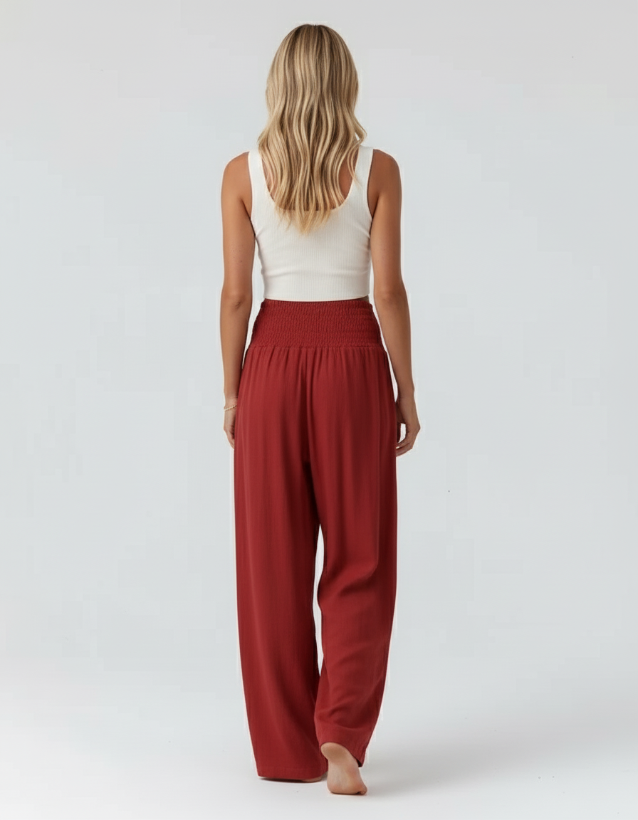 Pantalon Baggy Rouge Brique Ample Smocké Fluide - Viscose - vue 2