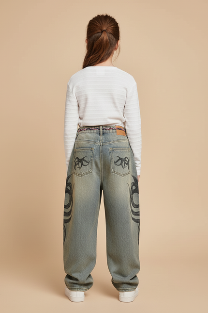 Pantalon Baggy Jean Délavé Imprimé Tribal Ample - Bleu - vue 2