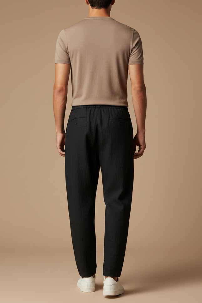 Pantalon Baggy Noir Lin Décontracté Ample Cordon - vue 2