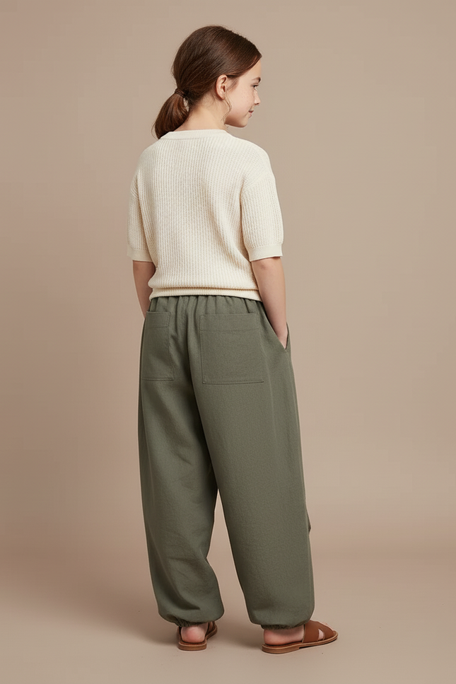 Pantalon Baggy Vert Olive Ample Cordon Lin - Kaki - vue 2