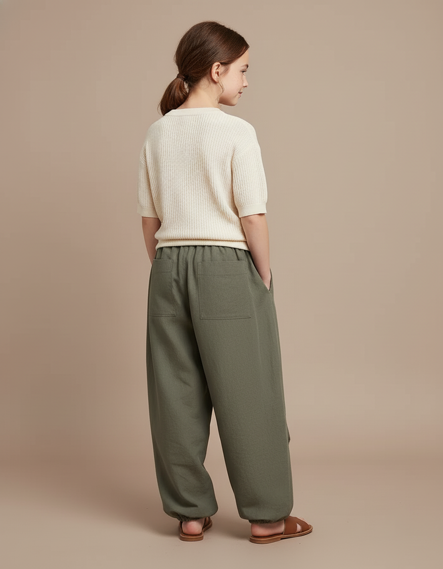 Pantalon Baggy Vert Olive Ample Cordon Lin - Kaki - vue 2