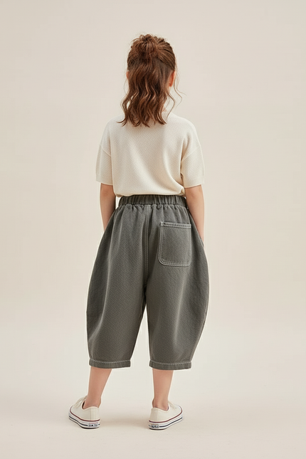 Pantalon Baggy Gris Ample Plissé Décontracté Enfant - Kaki Toile - vue 2