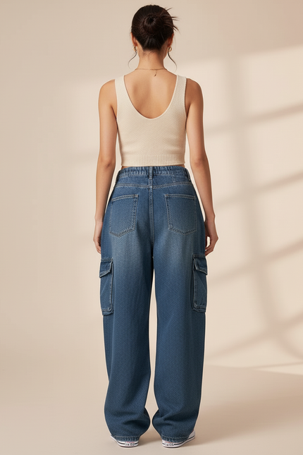 Pantalon Baggy Denim Bleu Cargo Ample Vintage Femme - Jean - vue 2