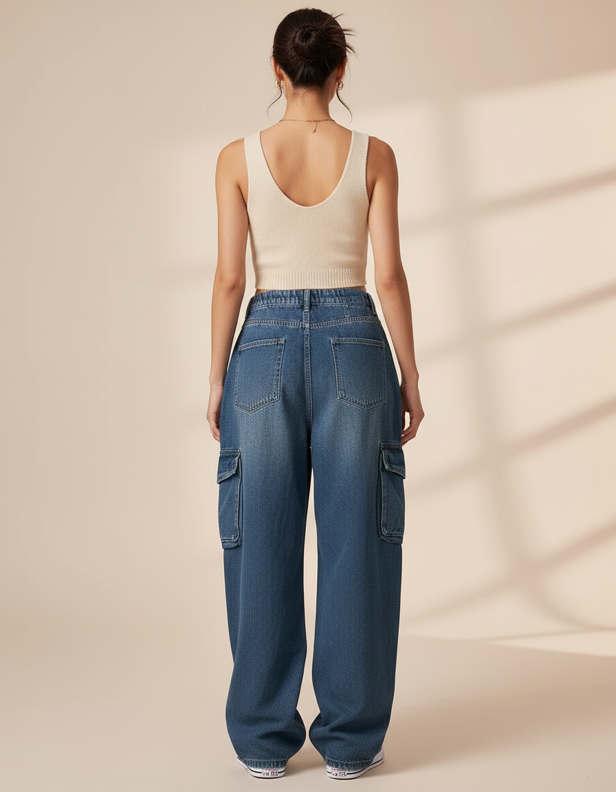 Pantalon Baggy Denim Bleu Cargo Ample Vintage Femme - Jean - vue 2