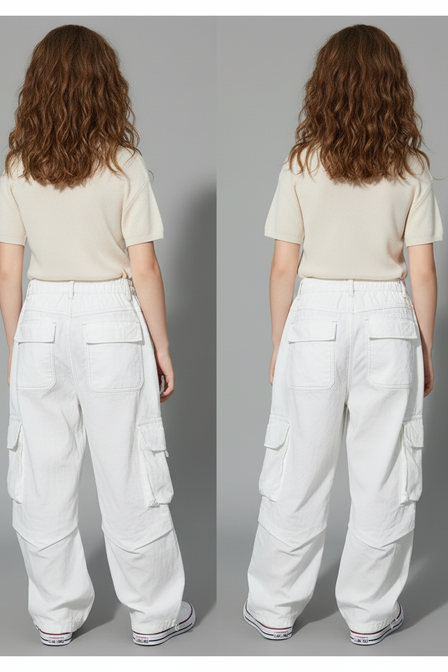 Pantalon Baggy Blanc Cargo Ample Décontracté Enfant - Toile - vue 2