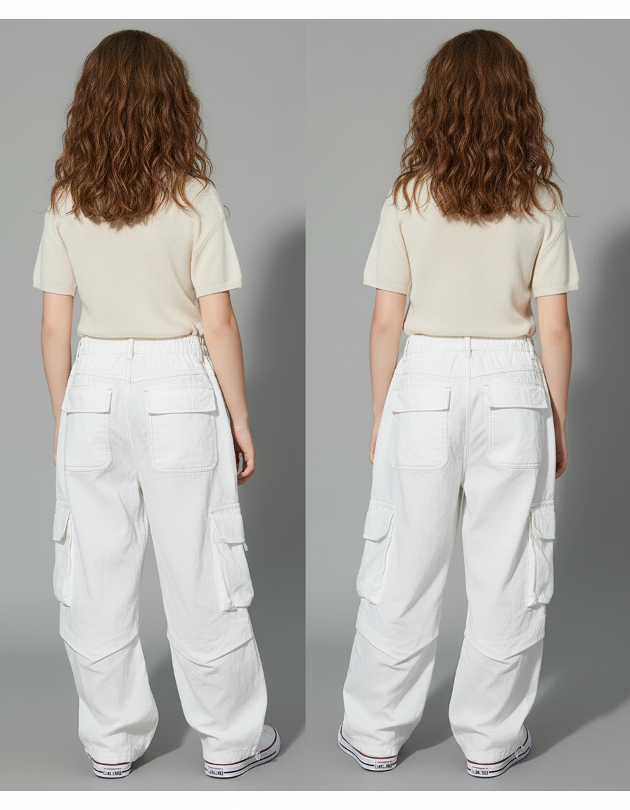Pantalon Baggy Blanc Cargo Ample Décontracté Enfant - Toile - vue 2