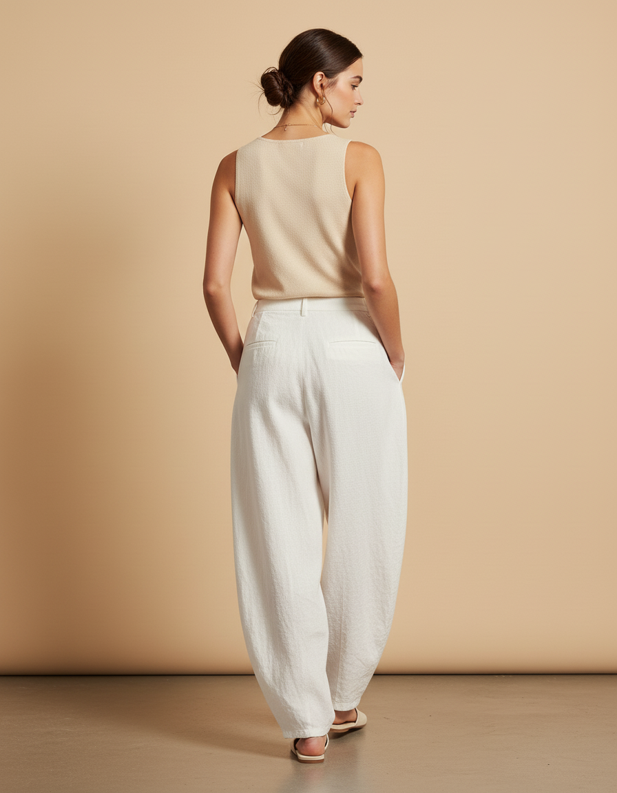 Pantalon Baggy Blanc Lin Fluide Ample Élégant - vue 2