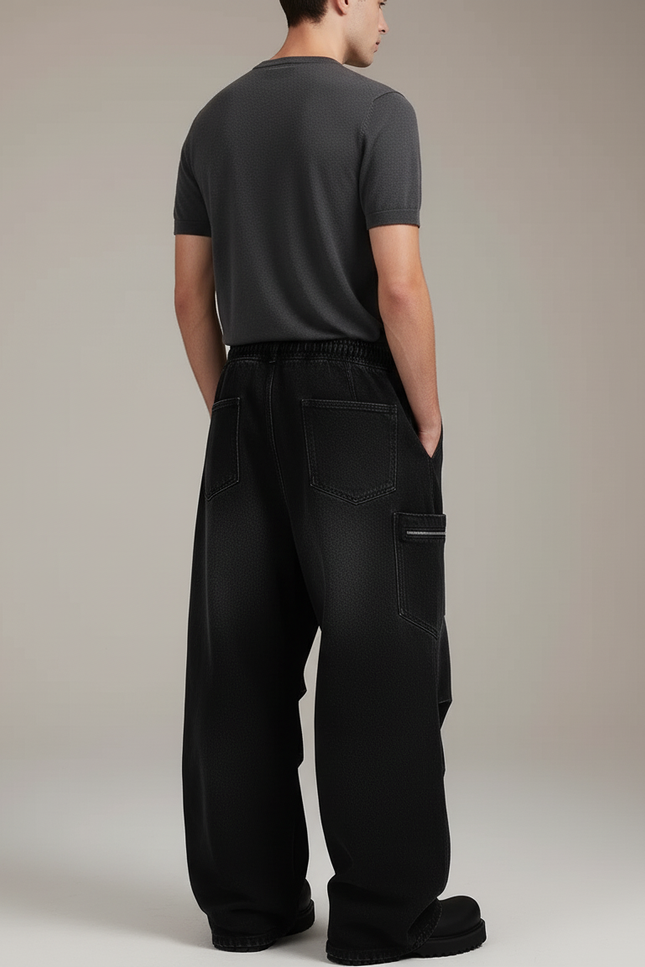 Pantalon Baggy Noir Délavé Ample Denim Décontracté - Jean - vue 2