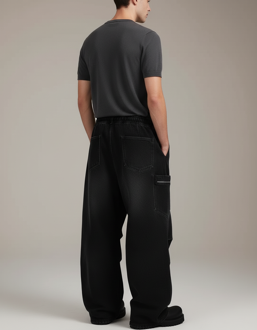 Pantalon Baggy Noir Délavé Ample Denim Décontracté - Jean - vue 2