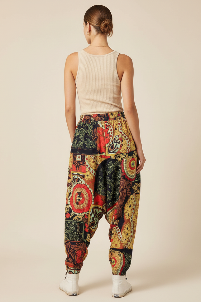 Pantalon Baggy Imprimé Ethnique Ample Bohème Coloré - Multicolore Viscose - vue 2