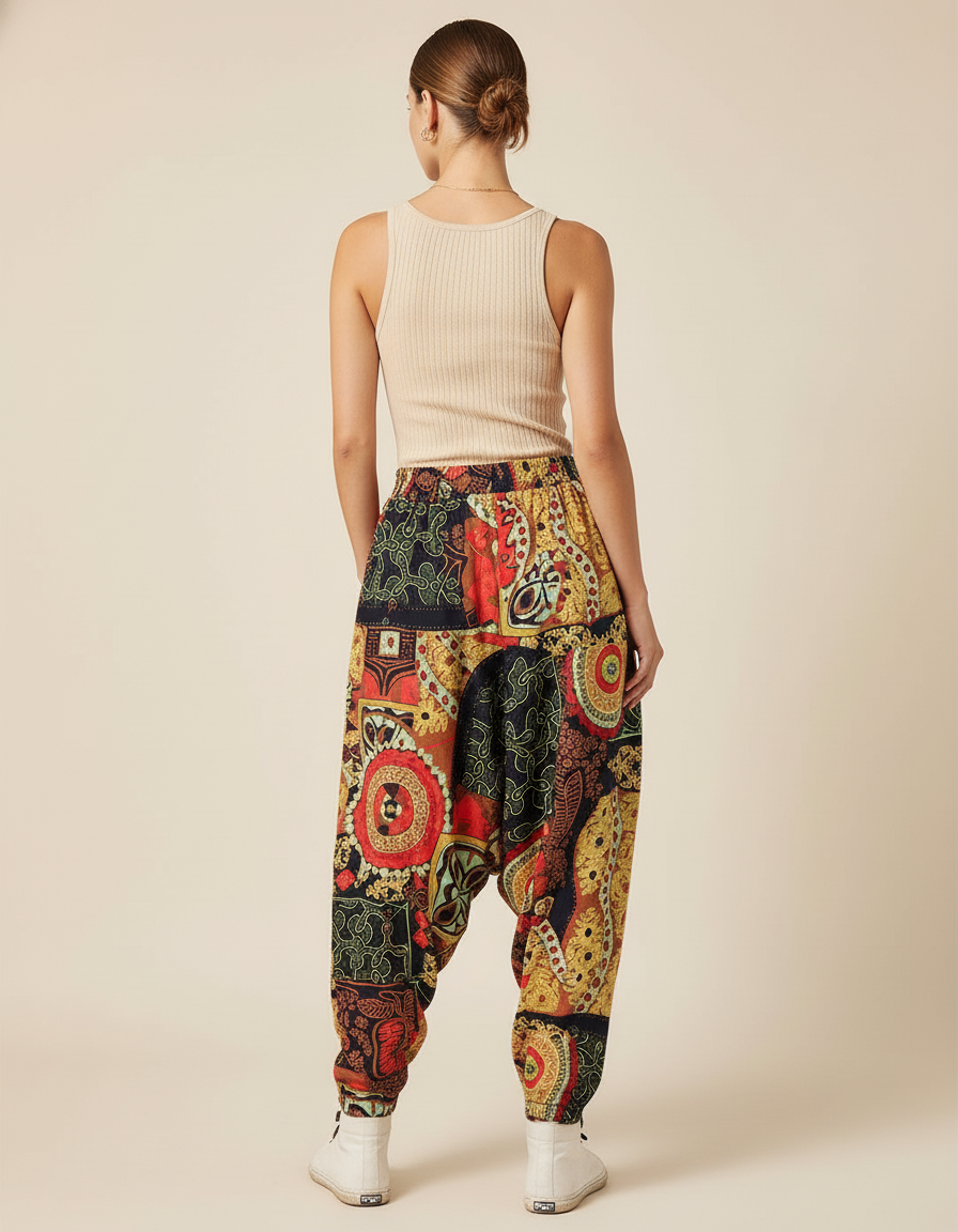 Pantalon Baggy Imprimé Ethnique Ample Bohème Coloré - Multicolore Viscose - vue 2