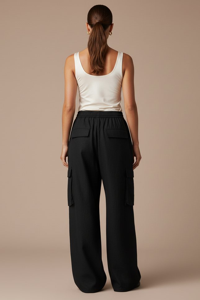 Pantalon Baggy Noir Ample Cargo Taille Haute Femme - Lin - vue 2