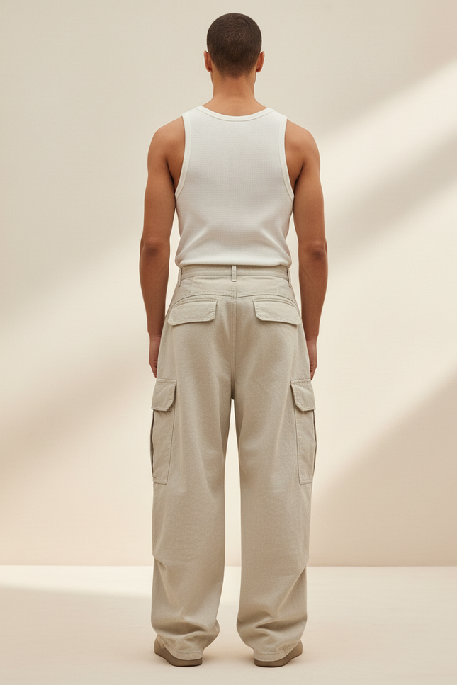 Pantalon Baggy Beige Cargo Ample Coton Homme - Toile - vue 2