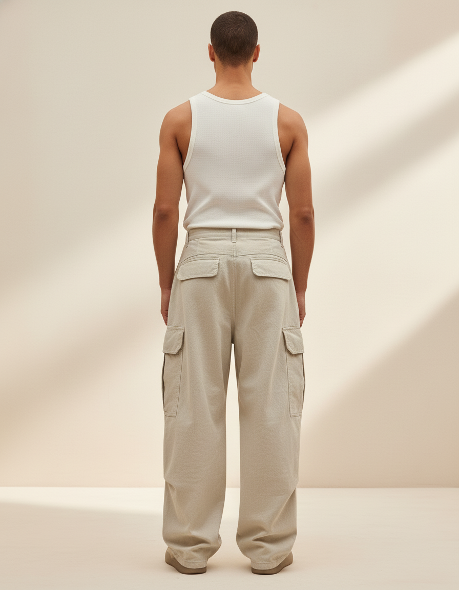 Pantalon Baggy Beige Cargo Ample Coton Homme - Toile - vue 2