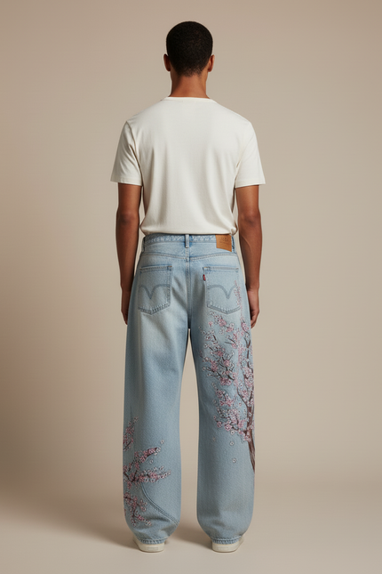 Pantalon Baggy Jean Bleu Délavé Brodé Cerisier Ample Homme - vue 2
